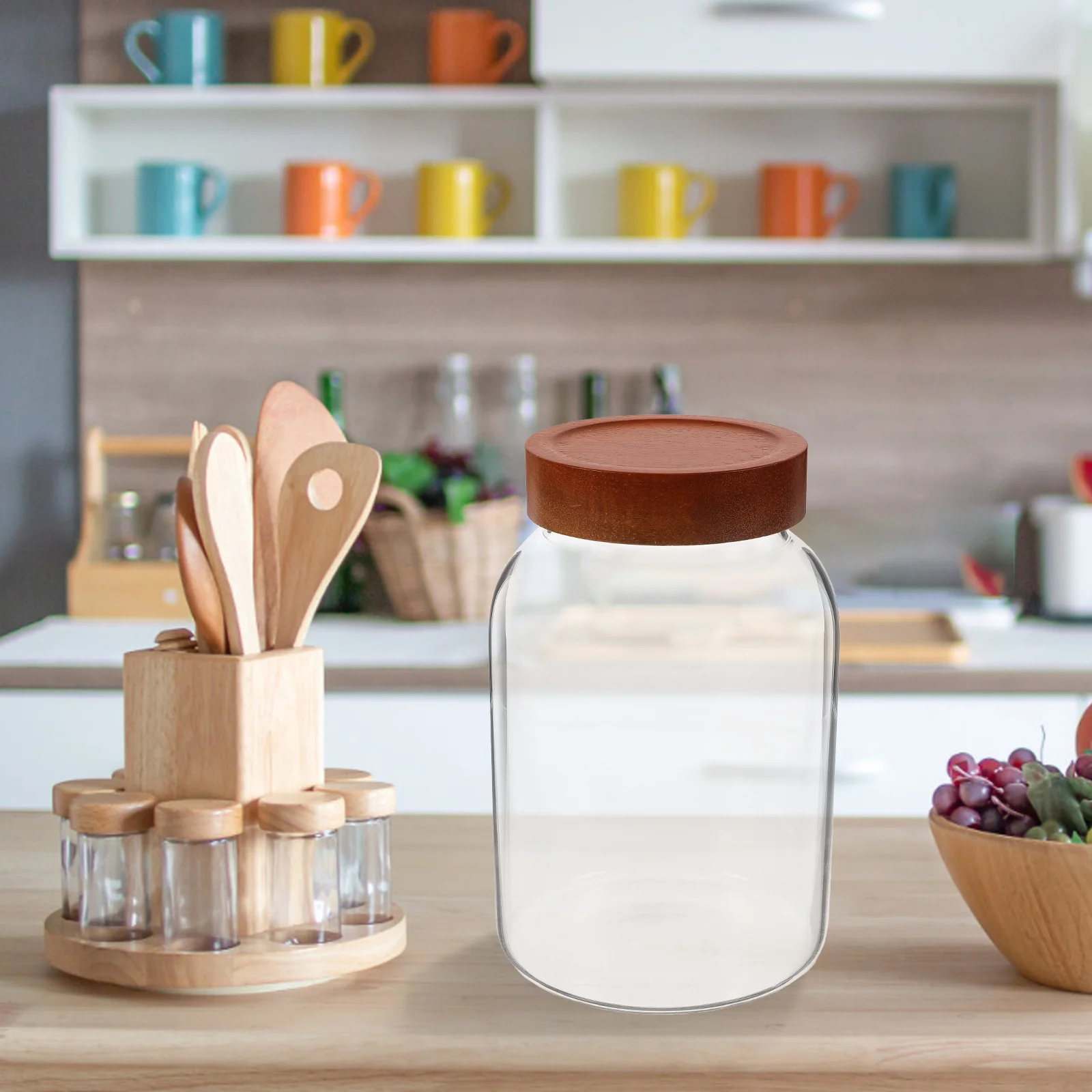 جرة تخزين محكمة الغلق من الزجاج البورسليكات العالي، غطاء خشبي، حاوية طعام متعددة الأغراض لاستخدام المطبخ في حبوب البن والشاي والدقيق