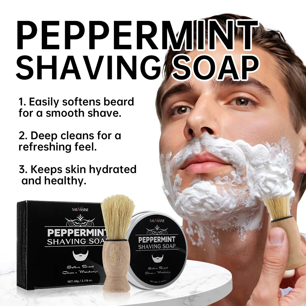 60g Men's Shaving Soap No Irritation Gentle Mint Scent Nourish Soften Beard Shaving Foam Cream Barber Mousse With Massage Brush