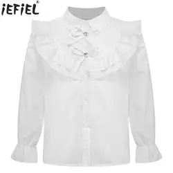 Kids Girls White Blouse Ruffle Shirt Long Sleeve Button Down Shirts Tops Princess Wedding Party Clothes Casual School Uniform