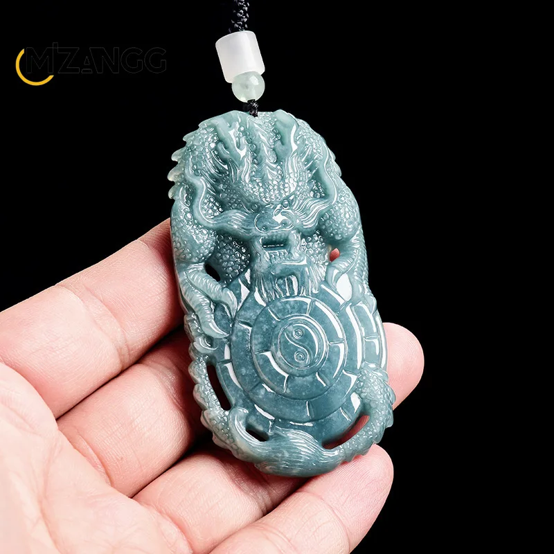 

Natural Jadeite Blue Water Bagua Dragon Pendant Hand-Carved Exquisite Personalised Ice-Type Jade Necklace Men's & Women's Gift