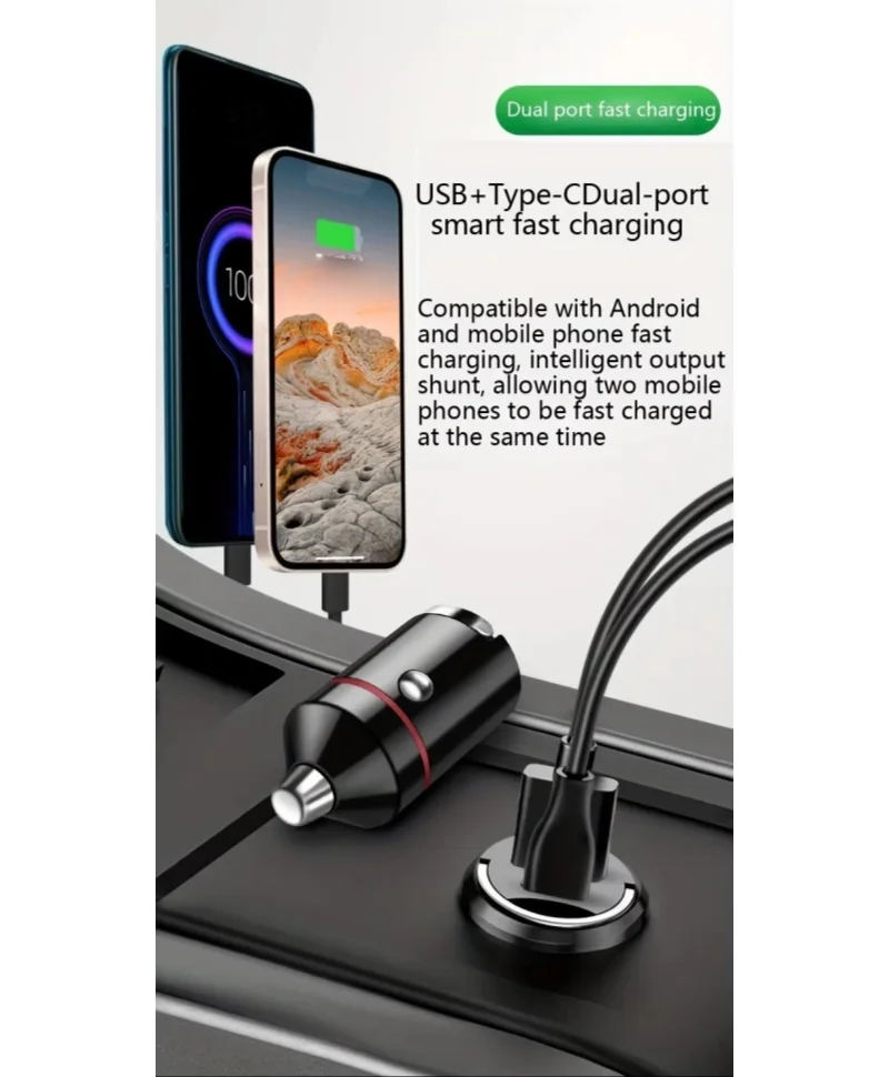 Mini Car Charger Pd Type C Fast Charging Is Suitable for Iphone, Samsung, Xiaomi, Huawei, Oppo and Other Mobile Phones; Hidden Dual-Port Cigarette Lighter Charger for Car Use