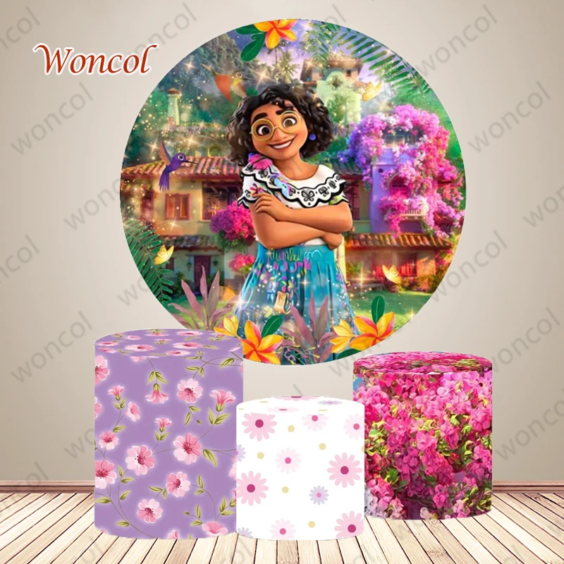 Encanto Mirabel Round Backdrop Girl Birthday Backdrop Disney Encanto Themed Cylinder Cover Baby Shower Party Decorations Prop