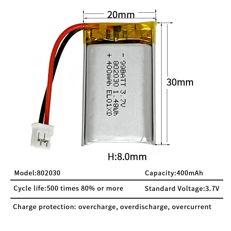 802030 Battery Lipo 3.7V 400mAh Lithium Polymer Rechargeable Batteries for Radiofrequency Introduction Device Moisturiser Cell