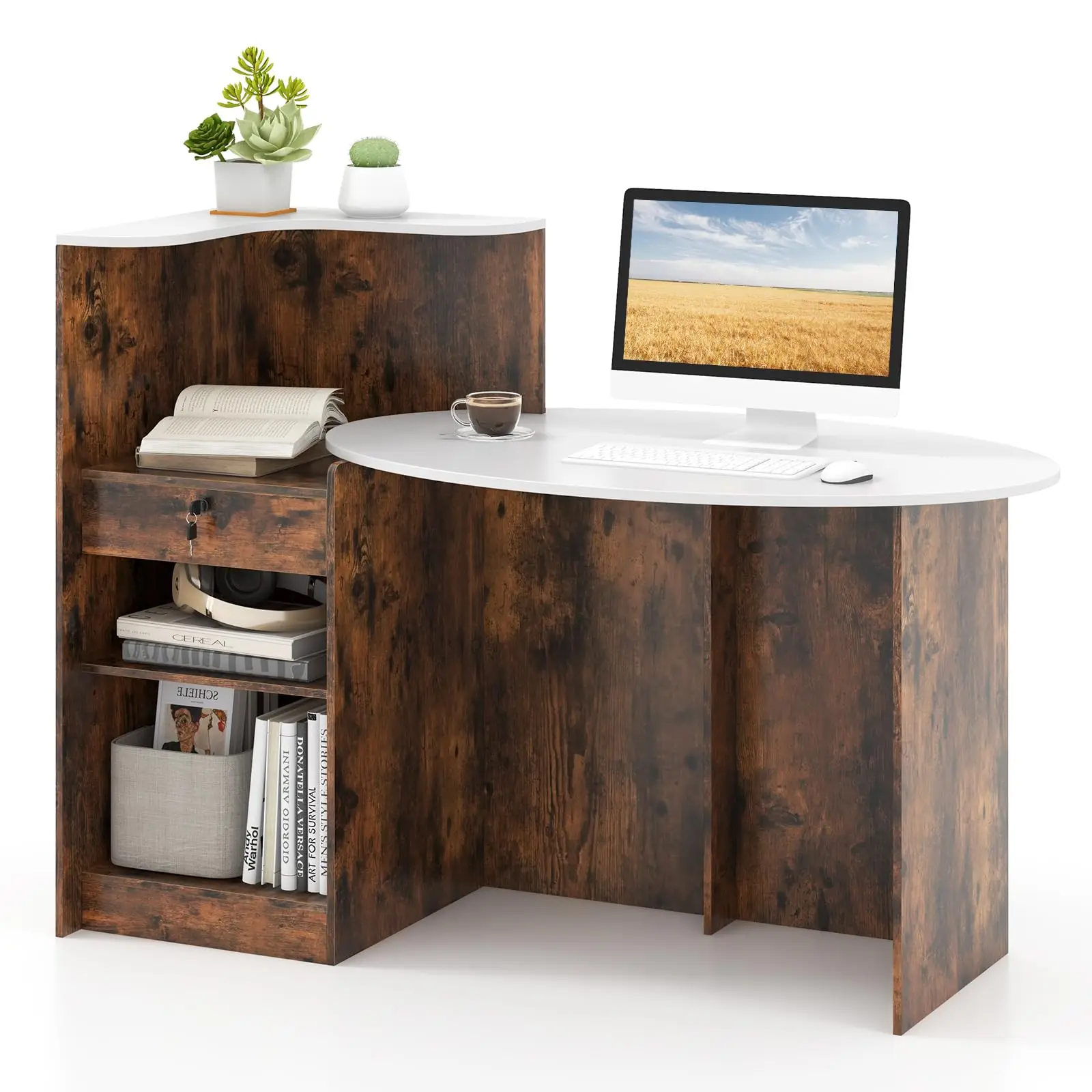 Reception Desk, Front Counter Desk with Lockable Drawers, L Shaped Retail Counter with Oval Desktop, Checkout Computer