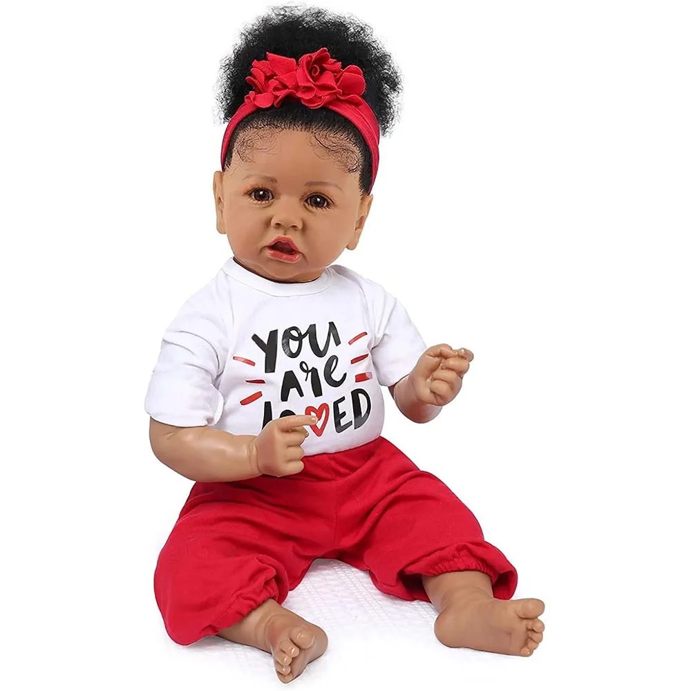 50 cm Babypuppe wie echtes Silikon, wiedergeborene Babys, afroamerikanisches Mädchen, Stoffkörper, verwurzeltes Haar, realistisch bemalt, Geschenk für Neugeborene