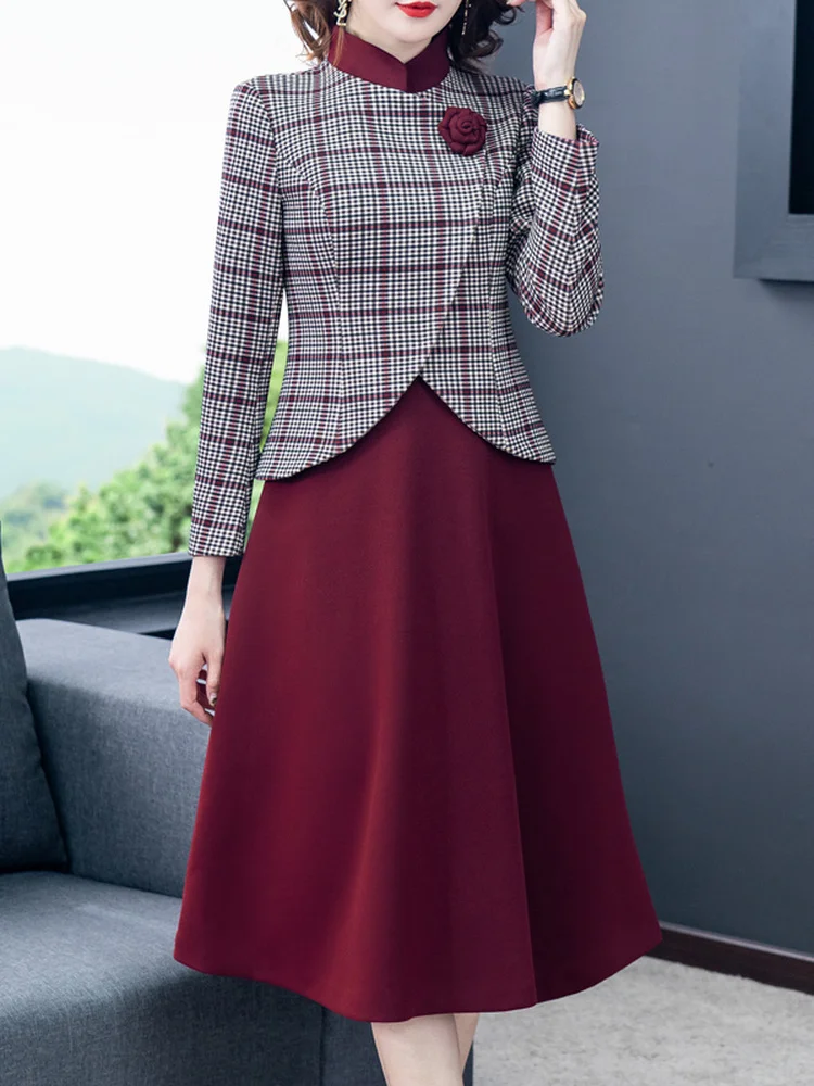 Kleid Anzüge Frauen Elegante Vintage Plaid Blazer Jacke & Kleid Zwei Stück Set Büro Dame Formal Business Chic Arbeit Tragen größe XXXL