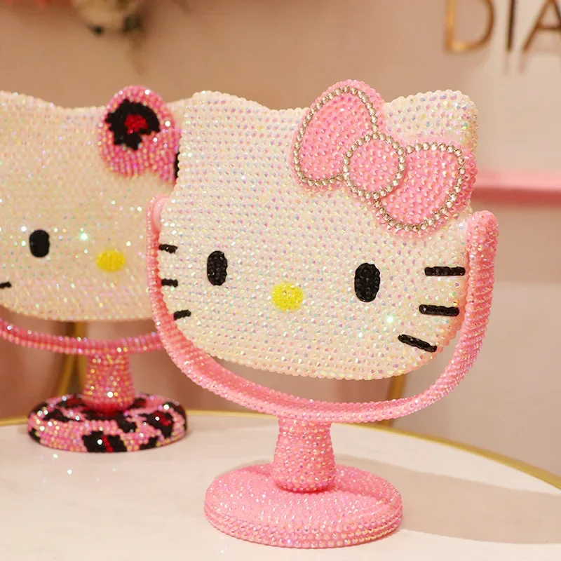 Hello Kitty  Sanrio  Vanity Mirror Cartoon Shiny Rhinestones Beauty Handheld Mirror Diamond Pink Girls Flip Girl Gift