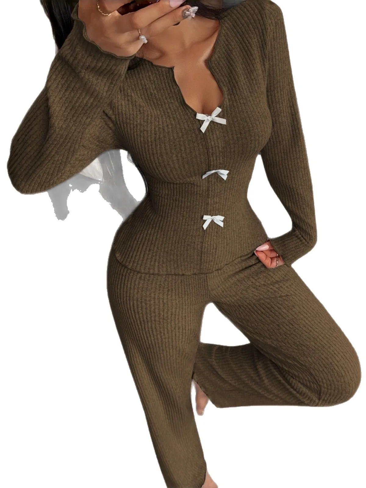 Vrouwen V-Ne Gebreide Trui Lange Sve Spwear Set Casual Sle Herfst Winter Thuis Kleding Tweedelige Set Europese Crt