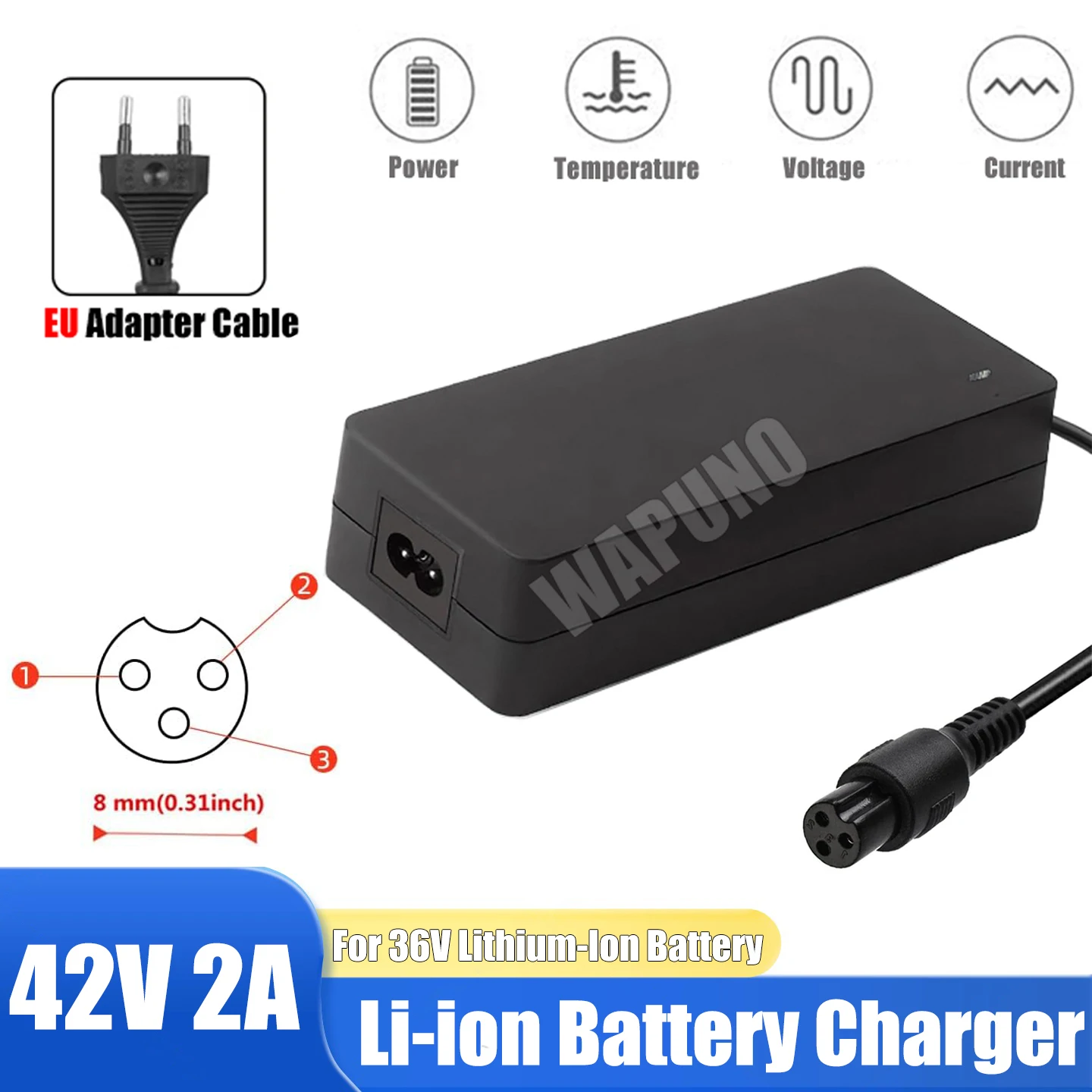 42V 2A Charger 8mm 3-Prong Inline Connector For Pocket Mod Dirt Quad Hoverboard 36V Li-ion Battery With EU Power Cord