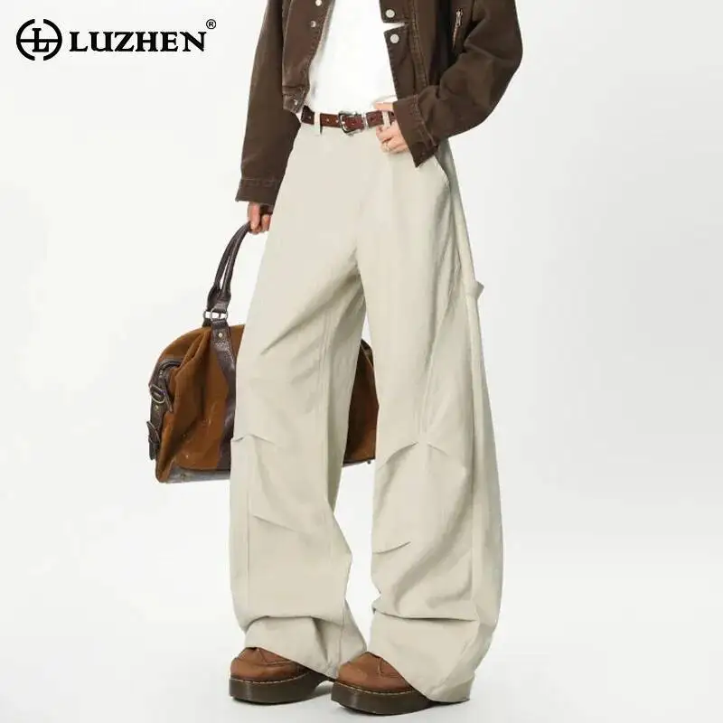 LUZHEN 2026 New Solid Color Pleated Wide Leg Straight Casual Pants Men's High Quality Simple Style Handsome Male Trousers JY7923