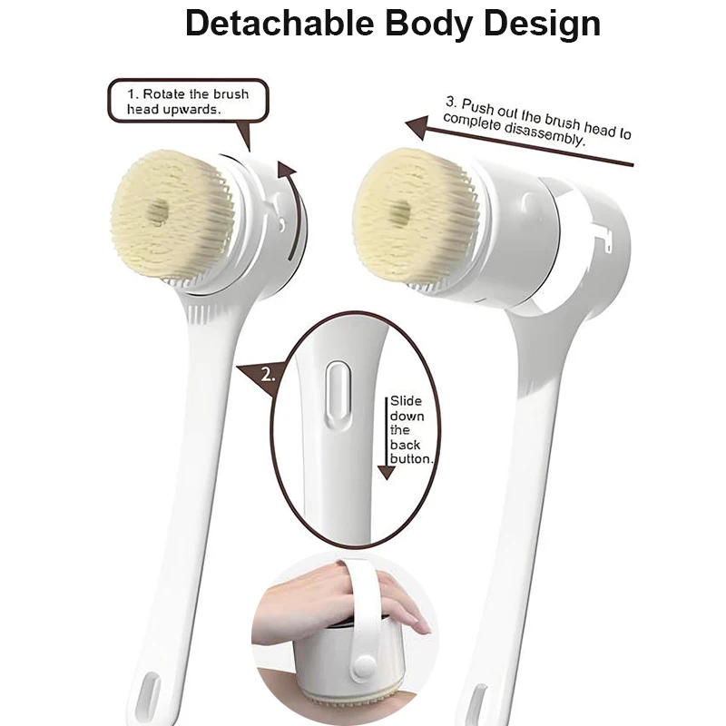 2025 NEW Electric Shower Body Cleaning Brush 5 Heads Spinning Spa Bath Brush Waterproof Long Handle Personal Back Rubbing 3 Gear image 4
