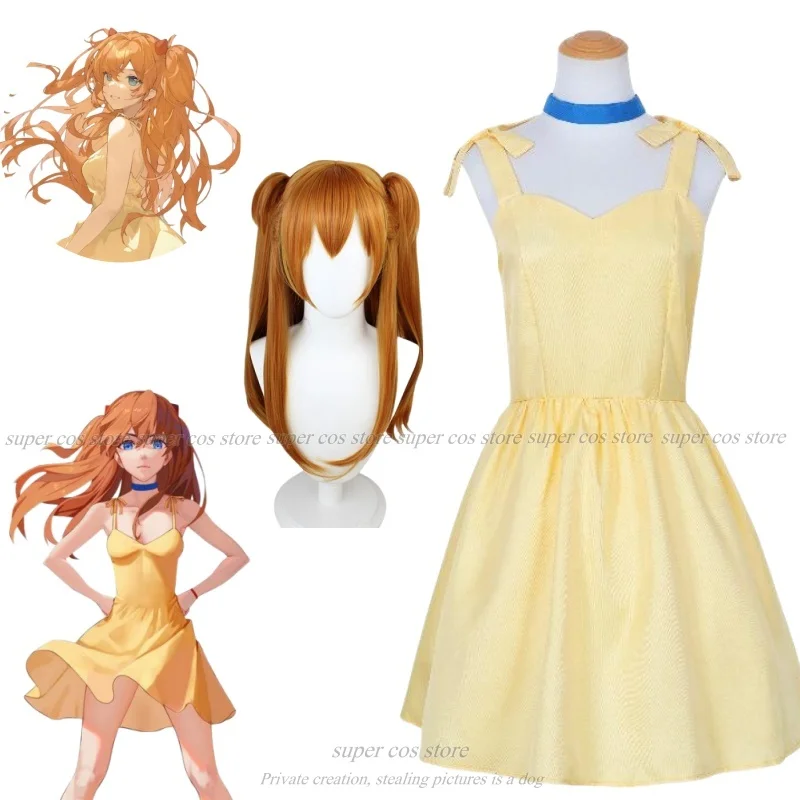 

Anime Shinseiki Evangerion Cosplay Asuka Langley Soryu Yellow Slip Dress Srappy Summer Cool Fashion Outfits Novelty Costumes