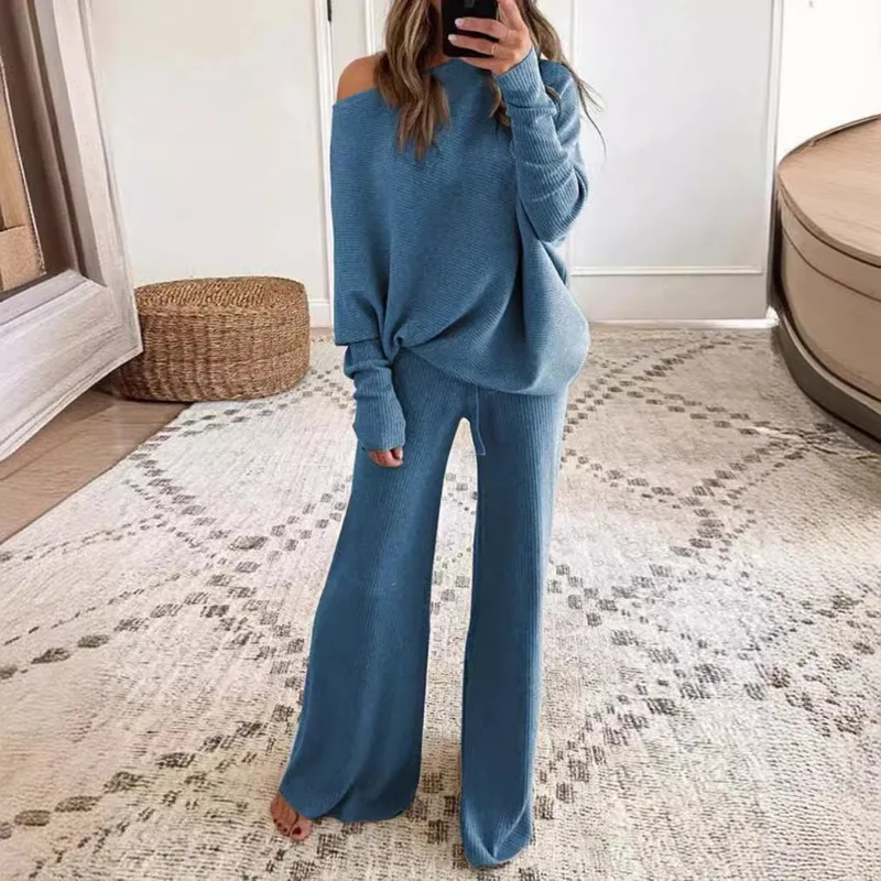 Autumn Ribbed Two Piece Set for Women Elegant Fashion Long Sleeve One Shoulder Hoodies Top Wide Leg Pants Suit Outfits Tracksuit