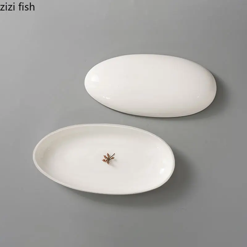 Oval Porcelain Plate with Lid Creative Dessert Snack Sushi Dish Molecular Cuisine Display Plate Sashimi Plates Kitchen Utensils