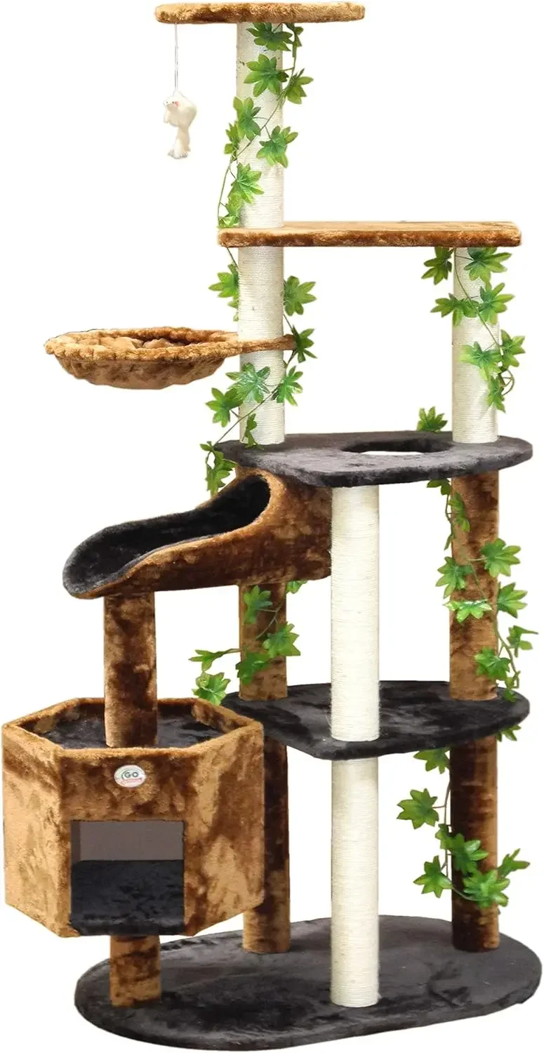 Indoor cat with wooden cat tree, modern cat scratching tower with basket, hammock, hanging ball and leaves, rural brown