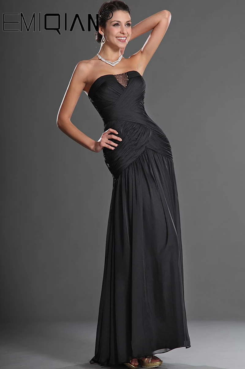 

New Design Formal Evening Gowns Strapless Notched Neckline Black Chiffon Evening Dress