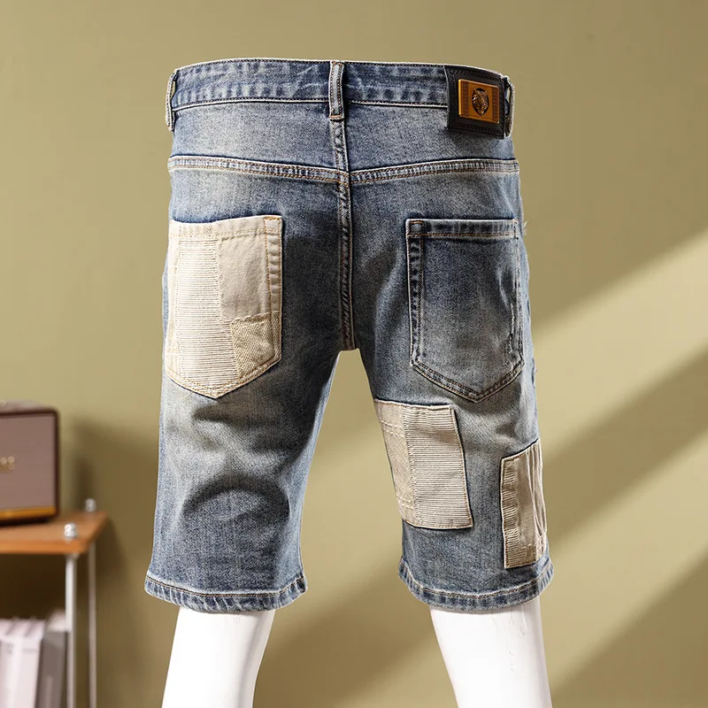 Jeans kurze Herren Nähte Patchwork zerrissen trend ige schlanke bestickte Persönlichkeit Street Retro Biker Mittel hose