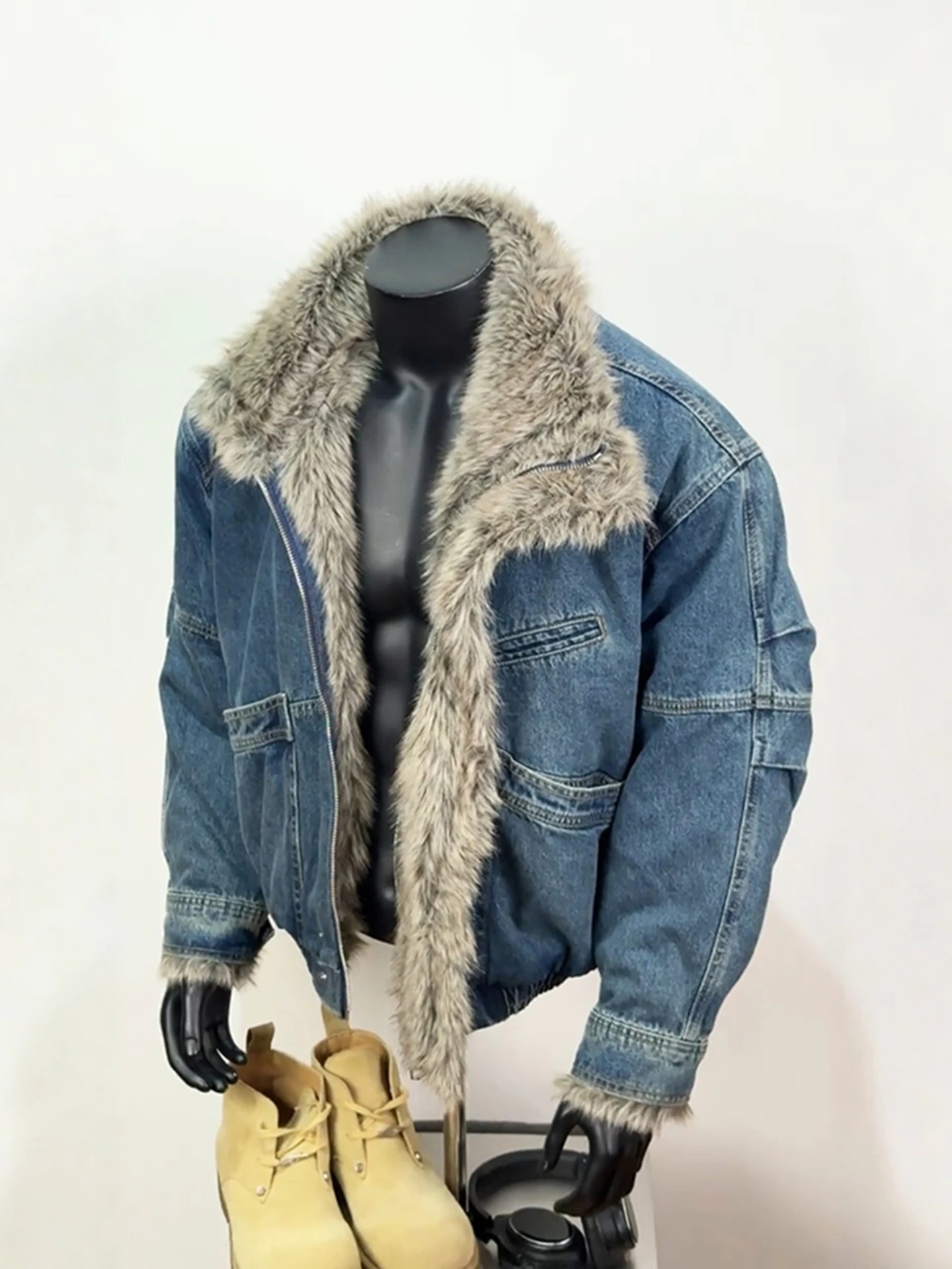 American Style Thickened Washed Canvas Flight Jacket Men's Winter Heavyweight Cotton Coat with Multiple Pockets And Zipper Cl...
