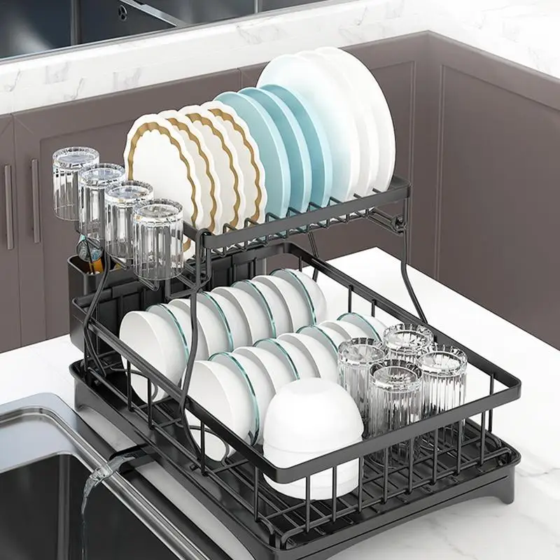 Dish Drying Rack 2 Tier And Rust Proof Dish Organizer Dish Strainer With Drainboard Tray Cup Holder And Utensil Holder For