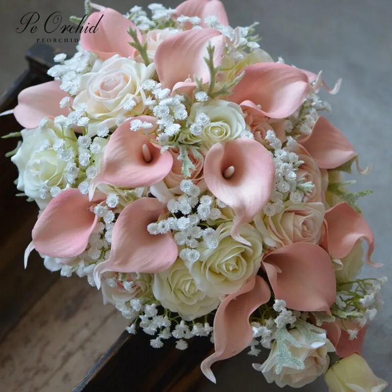 

PEORCHID Blush Peach Cascading Wedding Flower Bridal Bouquet Rustic Roses Calla Lily Baby's Breath Artificial Waterfall Bouquet