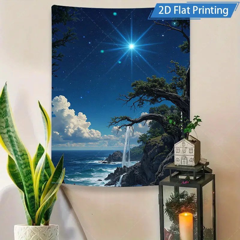 1pc 벽 태피스트리 별이 빛나는 밤 바다 전망 태피스트리 - 해안 풍경 벽걸이 예술