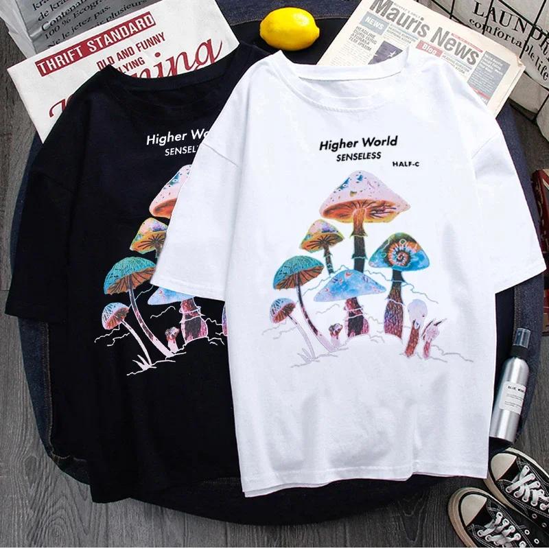 

Harajuku Colorful Mushroom Printed T-shirt High Street Casual Streetwear Loose T-shirt Female Fashion Milk Silk Fabric Tees Tops