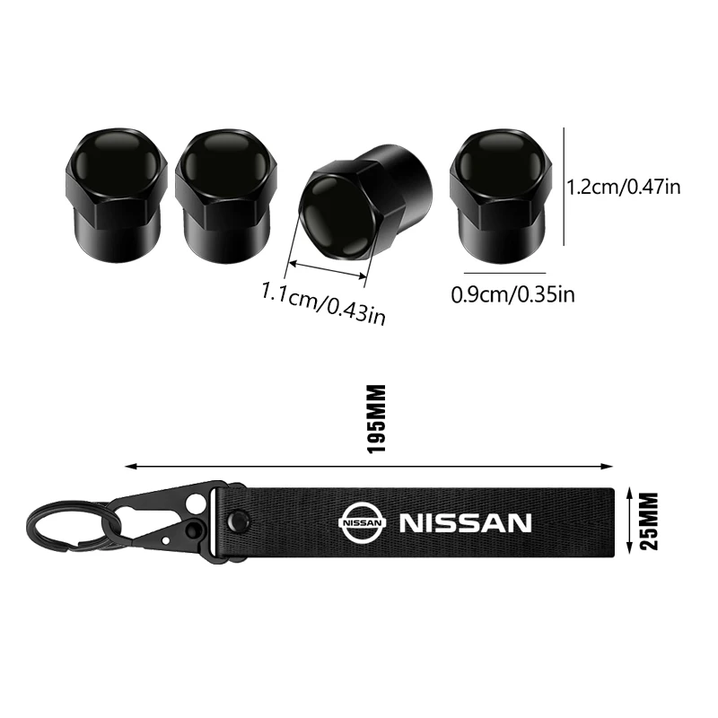 for Nissan X-trail Qashqai Note Juke Sentra Leaf Aluminum Car Tire Valve Caps with Car Badge Keyring Keychain Set of accessories