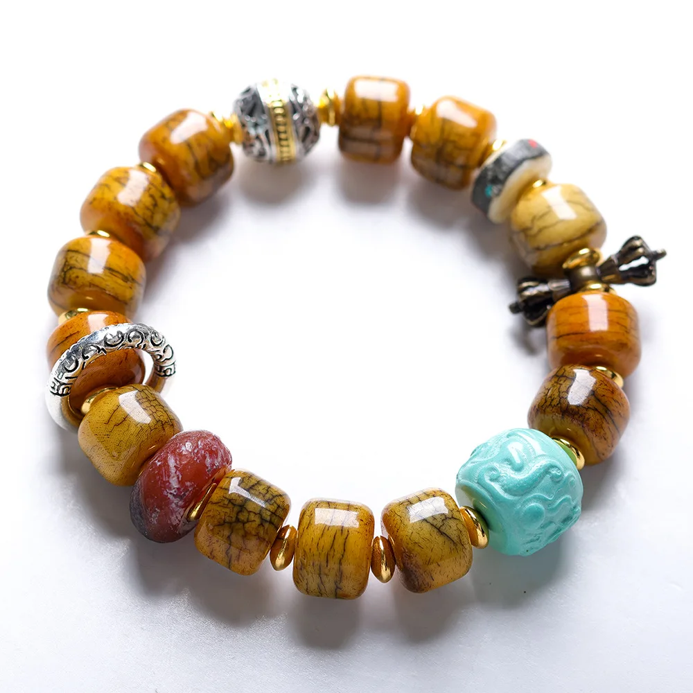 Tibetan Style Ox Bone Cracked Barrel Bead Bracelet Turquoise Prayer Beads Unisex Ethnic Personality Jewelry