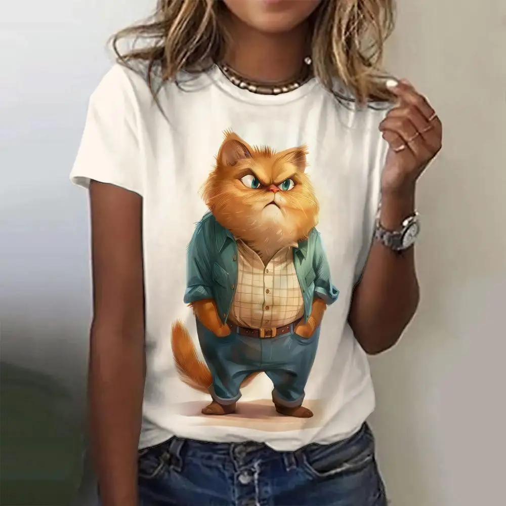 

Women's T-Shirts Cartoon Fat Cat Print Top Short Pullover Sleeved Fashion Casual Style O-Neck Tee Shirt Female Clothing Summer