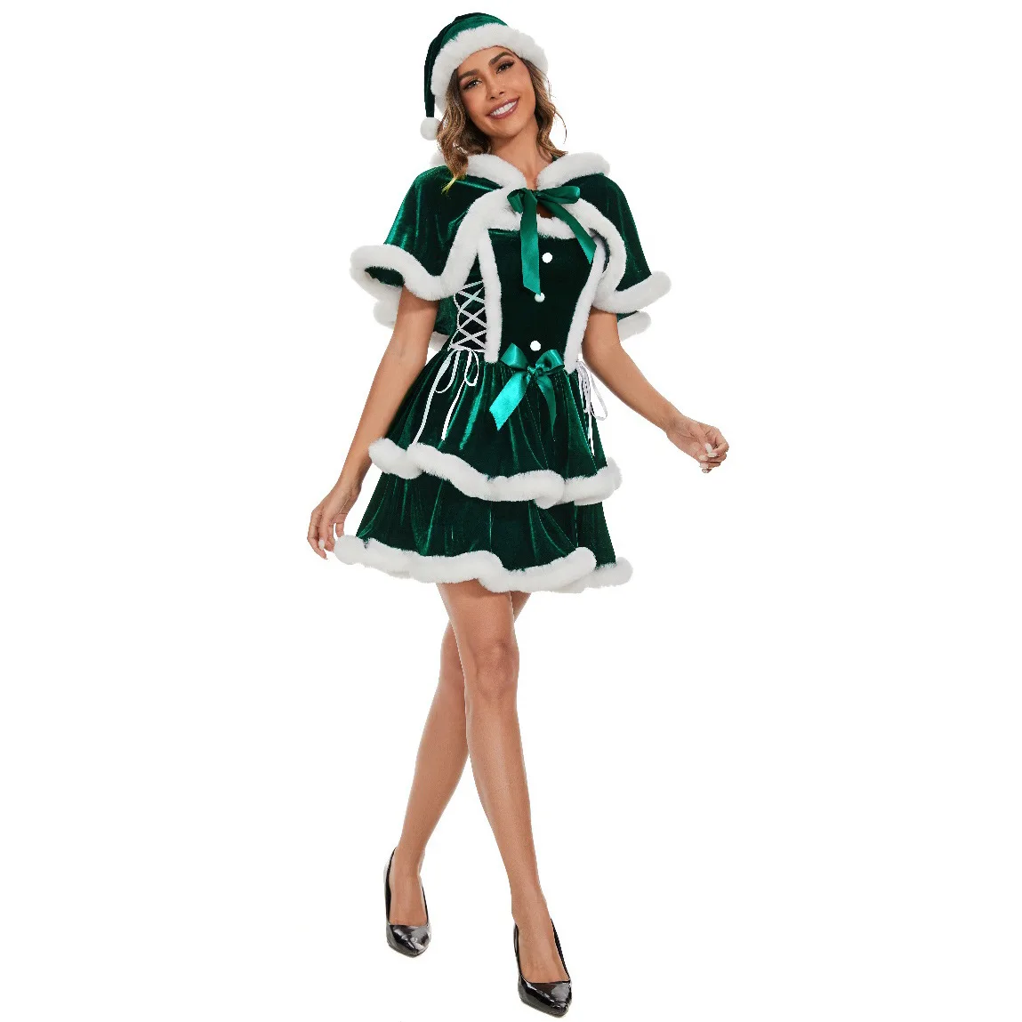 Christmas Costume Woman Santa Claus Cosplay Party Event Dress Cloak with Hat Red Green New Year Nightclub Stage Show Wear