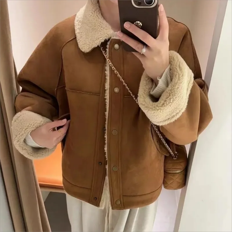 Cropped Faux Fur Jacket Women Fashion Chic Lady Long Sleeves Fleece Fur Jacket High Street Fall Winter Warm Coat Top Female