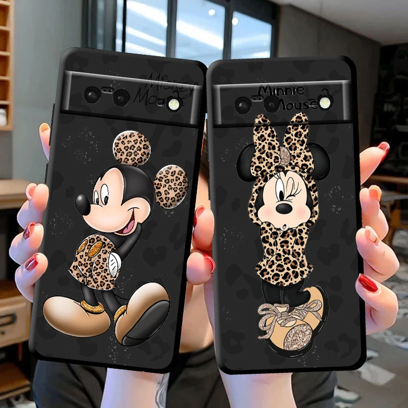 Leopard Print Mickey Minnie Phone Case For Google Pixel 8 7 Pro 6 Pro 6A 5A 5 4 4A XL 5G Black Soft Fundas Cover