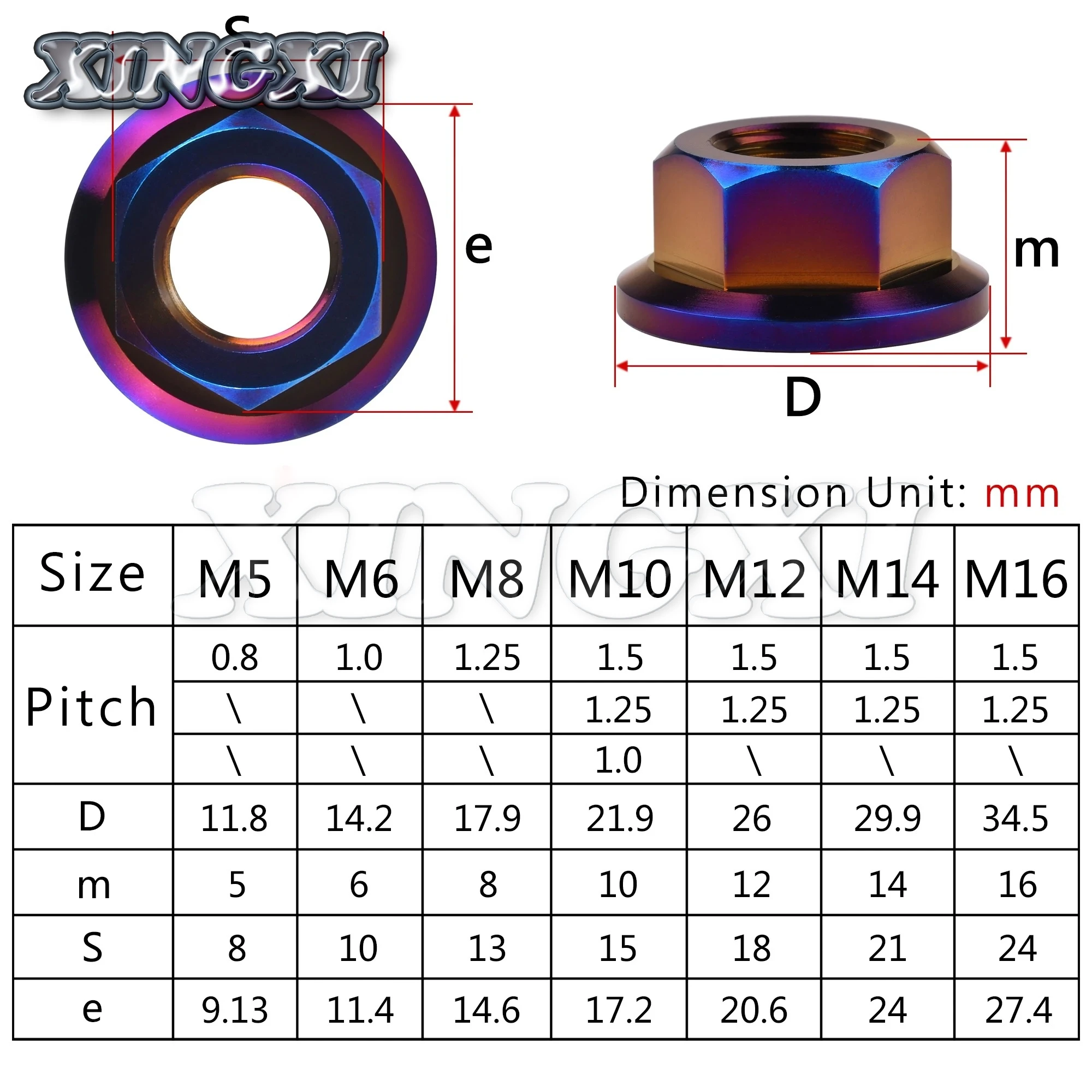 Xingxi 5Pcs Titanium Nuts Ti M5 M6 M8 M10 M12 M14 M16 Flange Nut Screws Bolts for Motorcycle Bicycle Bike