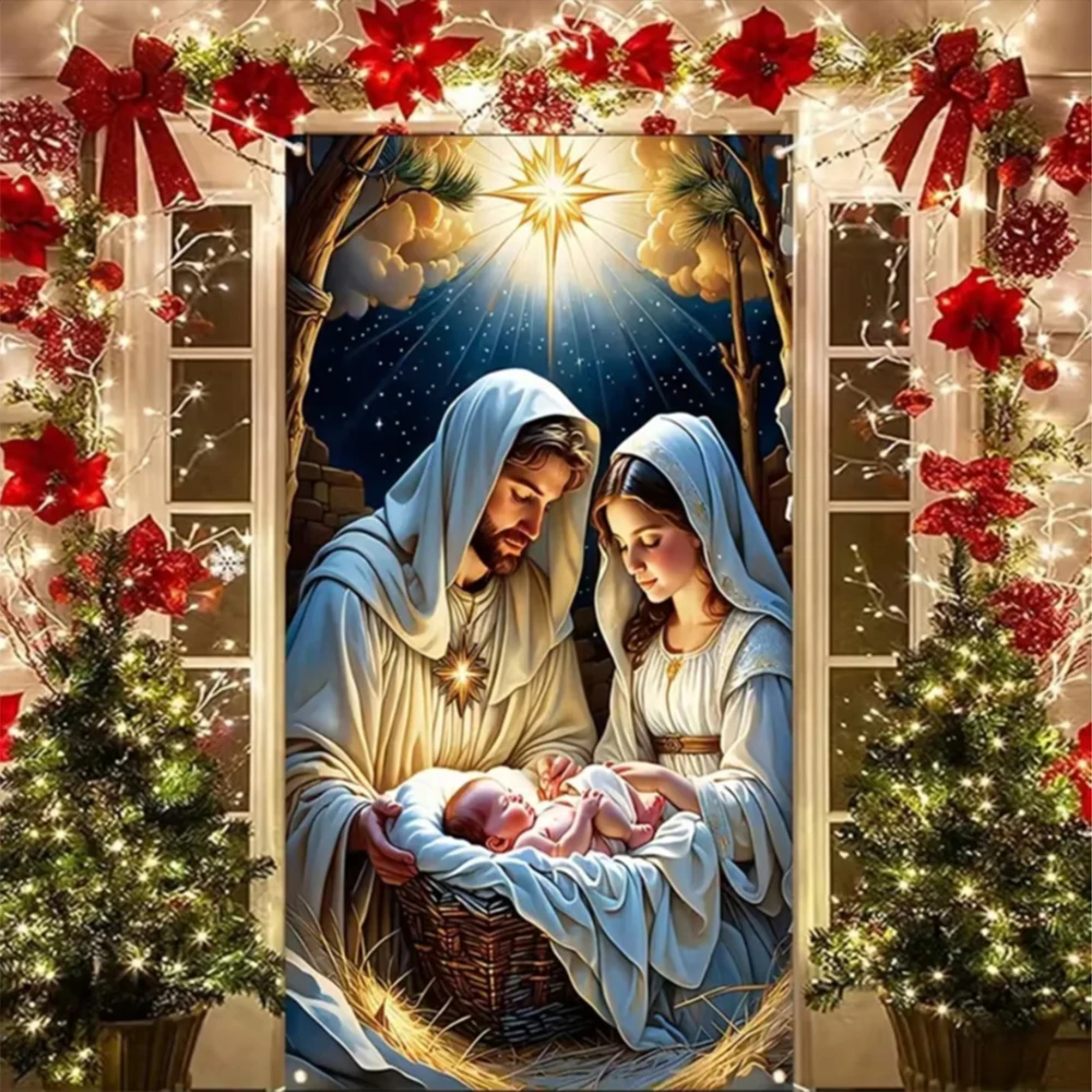 Christ Jesus Baby Born Holy Family Nativity Scene Door Cover 90x180cm Religious Wall Home Indoor Outdoor Hanging Decoration