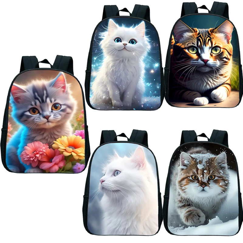 

12Inch Cute Cat Print Backpack Waterproof Kindergarten Bag Kids School Bags Boys Girls Cartoon Cat Book Bags Back To School Gift