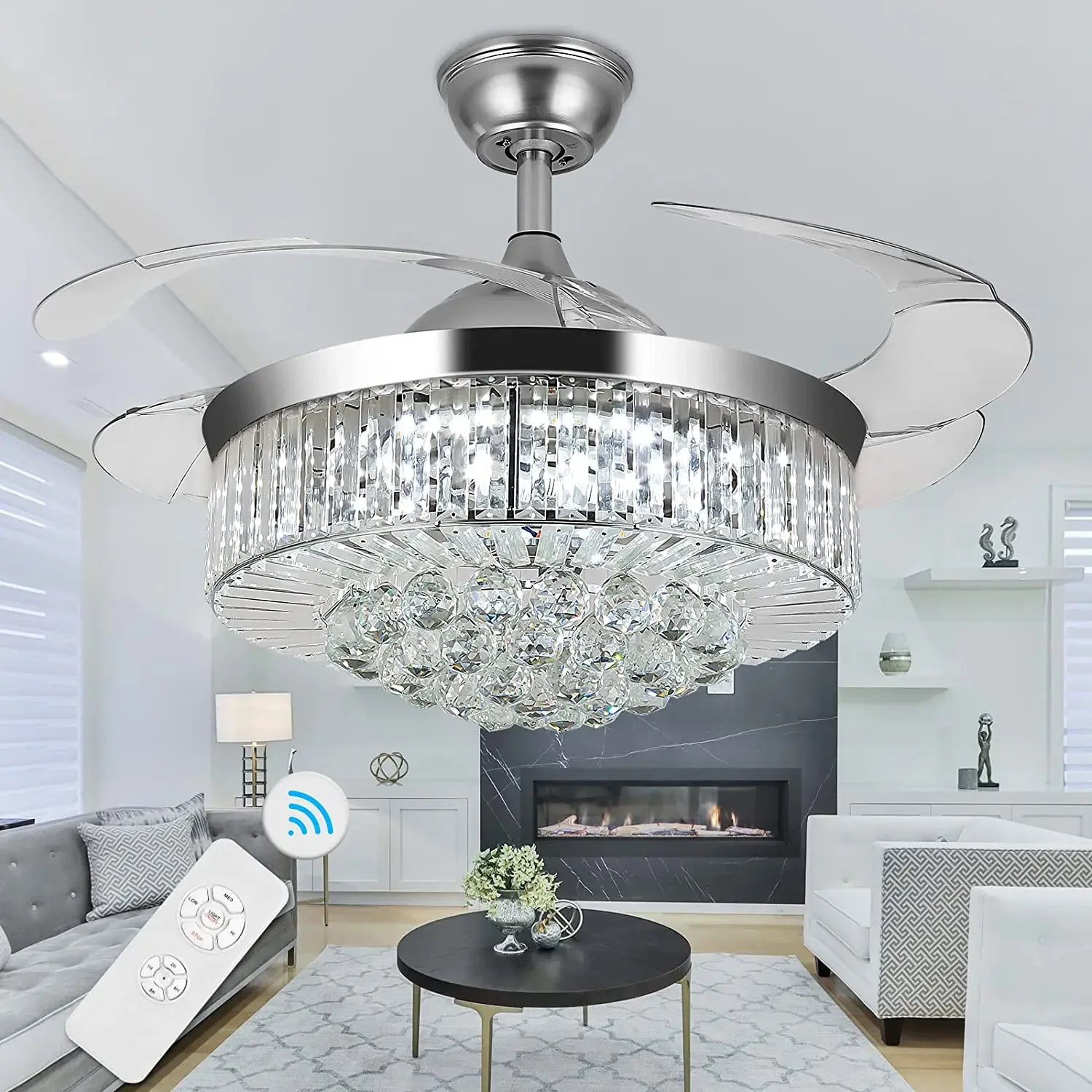 Modern minimalist crystal ceiling fan light with retractable remote control invisible ceiling fan bedroom ceiling fan with light