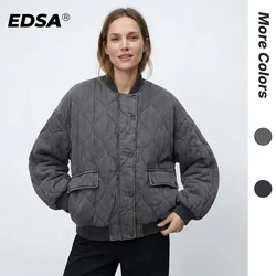 EDSA Women Oversized Quilted Bomber Jackets Thick Warm Coat Long Sleeve Snap-Button Female Outerwear Chic Tops