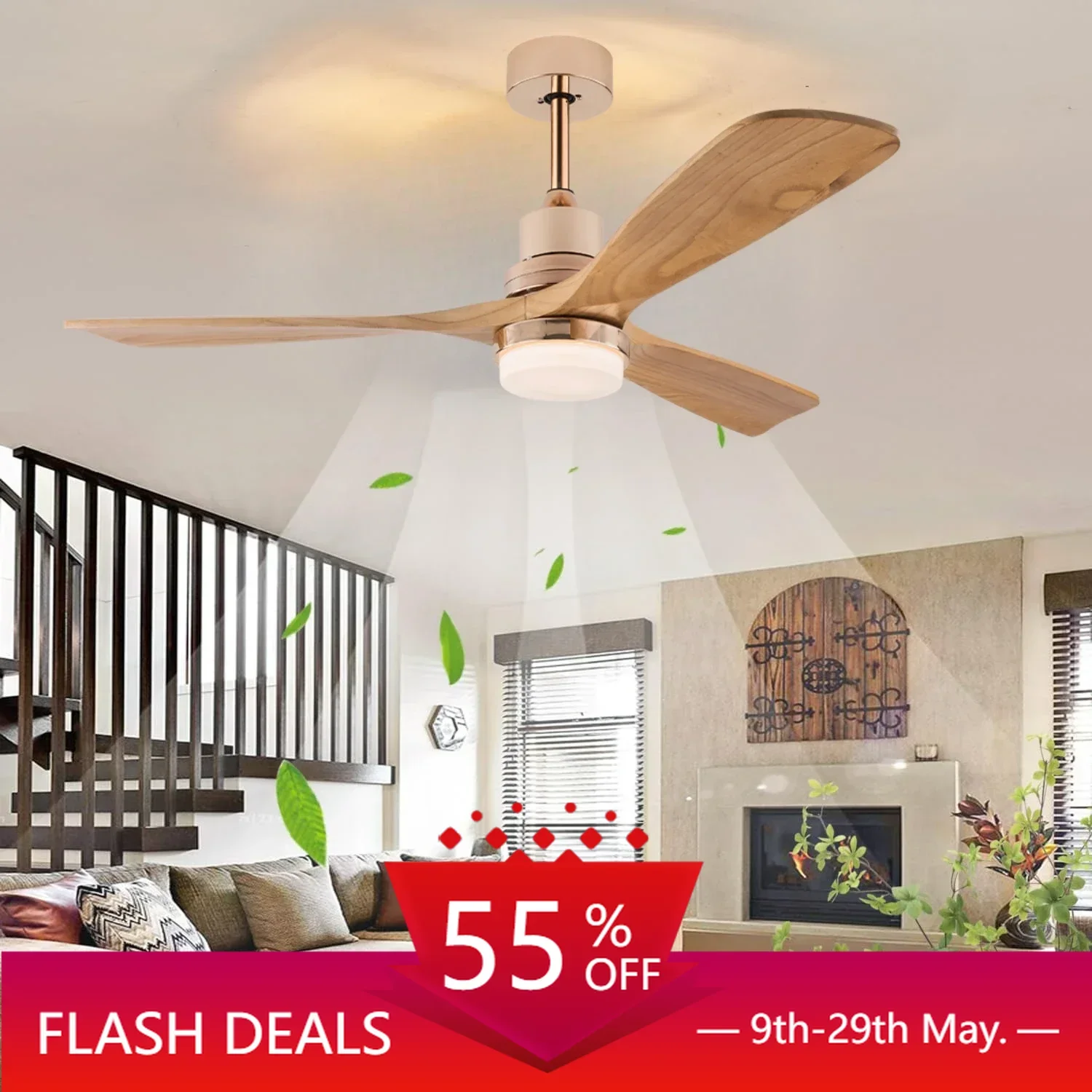 

52 inch Wood Ceiling Fan with 3 Blade Remote Control Indoor Vintage for Patio Living Room Bedroom Office Ceiling Fan with Light