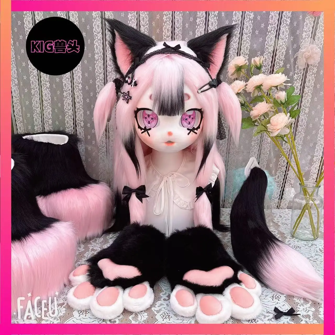 Kids Anime Fursuit Kigurumi Harige Cosplay Kostuum Blauw Haar Hoofd Poot Staart Schoenen Comiket Furries Pop Kig Masker Leeftijd 5 tot 18 Gift