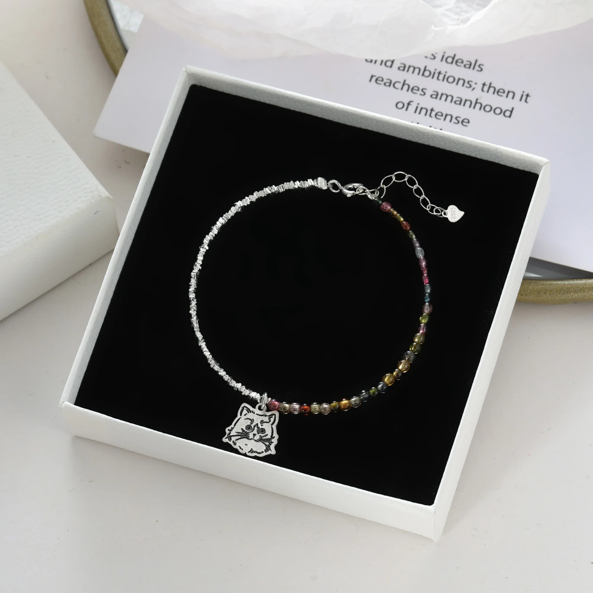 Custom Pet Portrait Charm Bracele Tourmaline Delicate Bracelet or Women For Wedding Gifts 925 Sterling Silver Chain