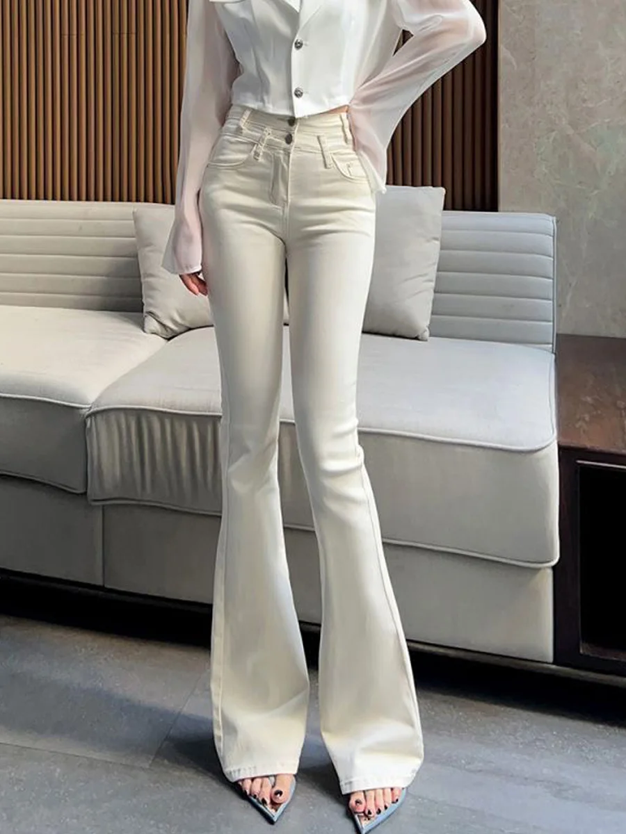 American Style Light Beige Double Buckle Waist Cinched Flared Jeans Women's High Waist Slim Elastic Butt Lifting Long Trousers