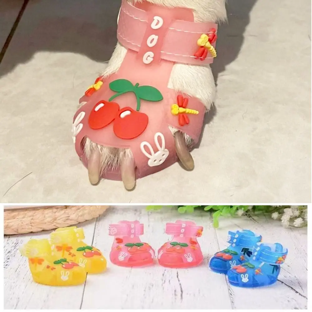 4 unids/set de sandalias de gelatina de verano para perros de dibujos animados, zapatos transpirables ajustables suaves para perros, Protector de pata de perro cómodo y resistente al desgaste