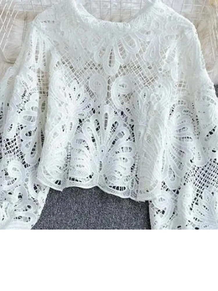 Seksowna koronkowa bluzka z wycięciami, codzienna koszula z długim rękawem typu lampion, stójka, elegancka damska bluzka w kolorze czerwonym/różowym/białym, luźny krój.