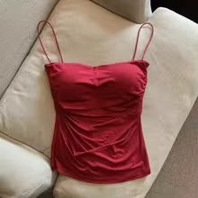 Cozy Belly Top Solid Pleated Corset Thin Straps Soft Support - Red