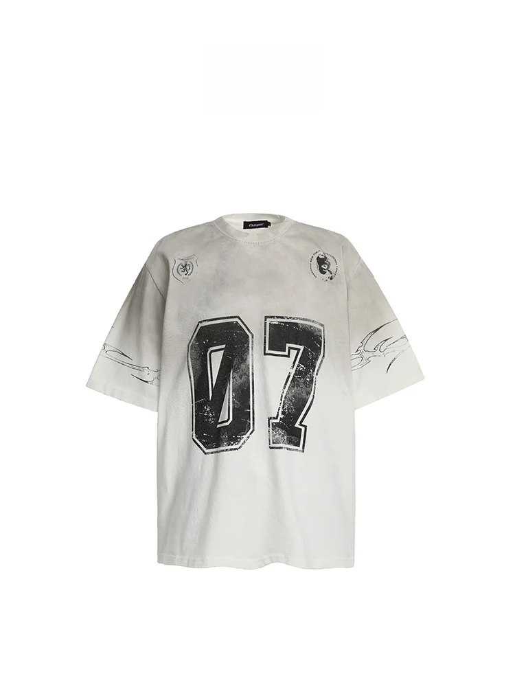 

Free Center American Retro Distred Digital Print ort Sve T-irt ex Summer Loose Trendy Top Streetwear Cotton