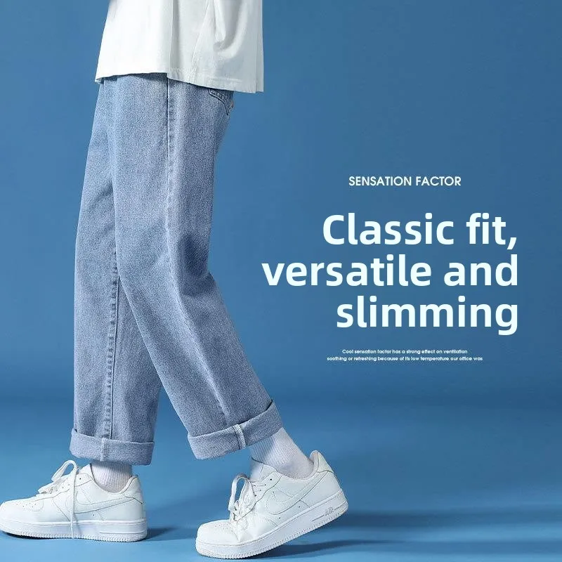 

Loose Fit Straight Leg Jeans Men's Autumn Thin Nine Points Korean Version Faionable Casual mid Waist Zipper ket