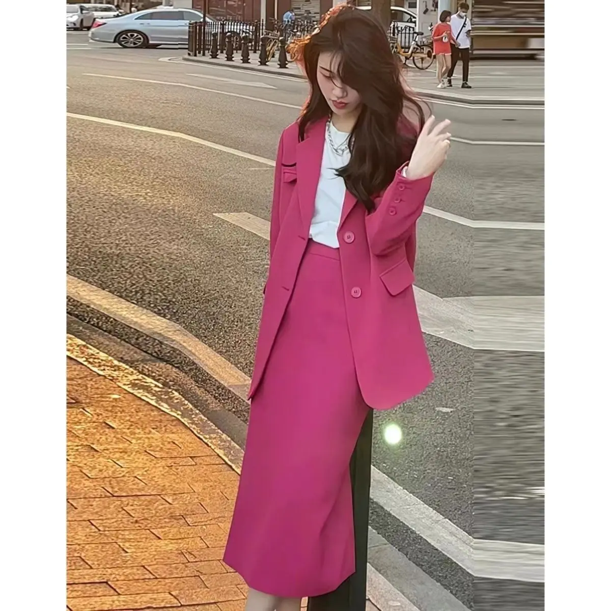 Women\'s Suit Skirt Set 2023 Early Autumn Light Mature Style Office Lady Rose Red   Elegant Two-Piece Blazer Dress