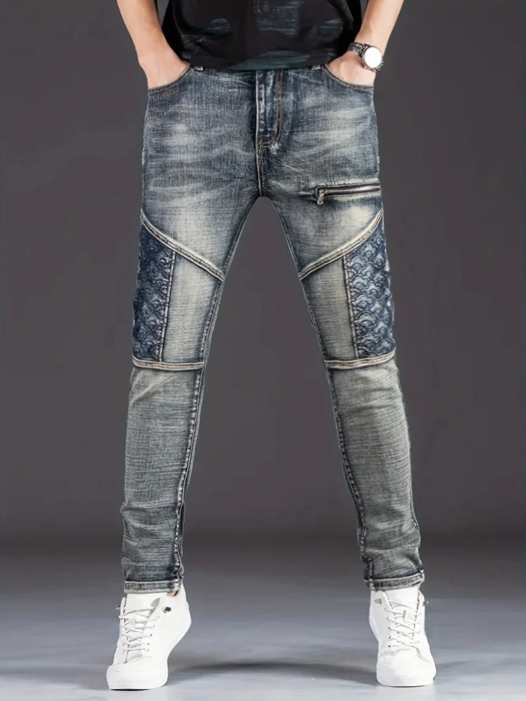 Streetwear Men's Motorcycle Jeans Stretch Nostalgic Fashion ​​Casual Denim Trousers Slim Straight Patchwork Washed Cowboy Pants