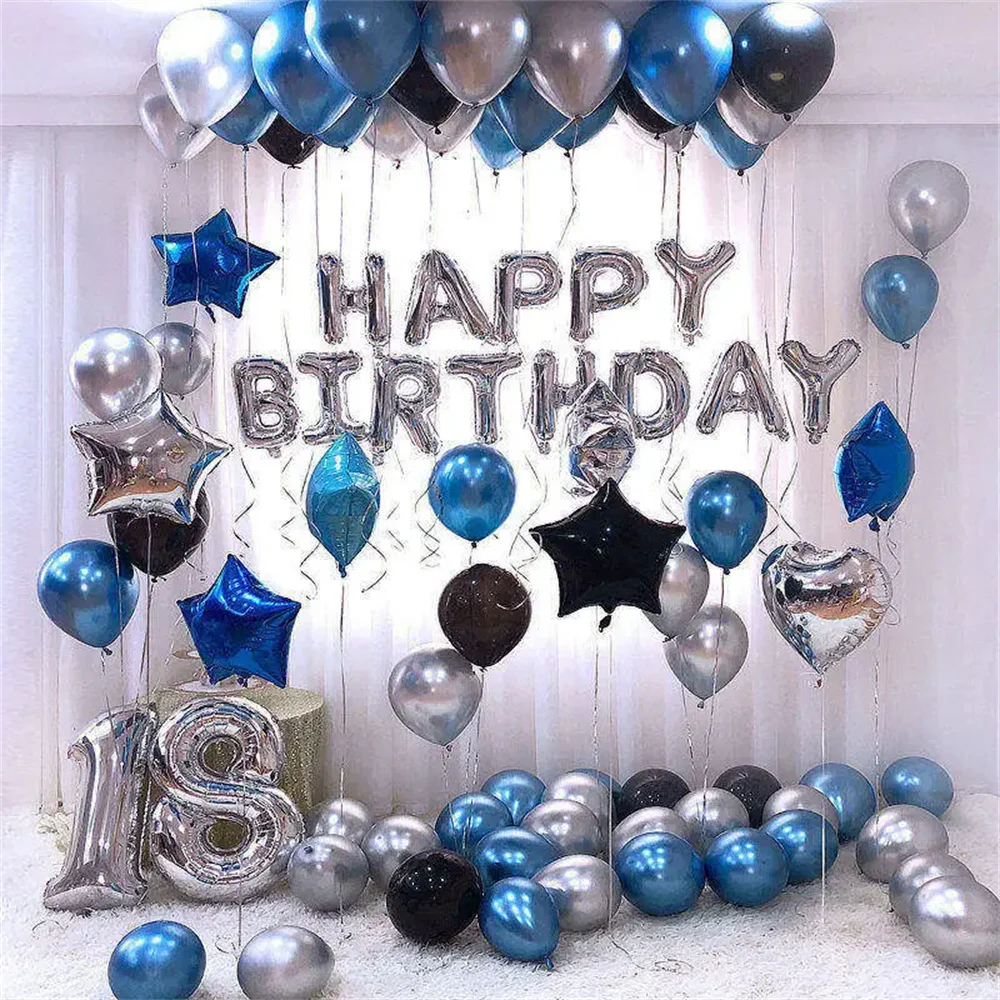 

1set Blue Silver Metal Latex Balloons 18 21 30 50 70 Years Number Anniversary Happy Birthday Party Decor Adult Birthday Balloon