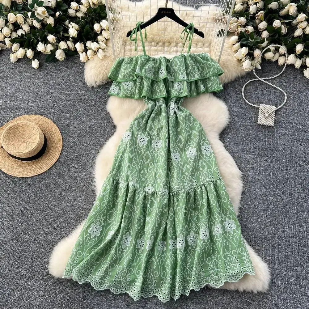 Retro schulterfrei Slip Rüschen ausgeschnitten Stickerei Kleid Strand Urlaub Frauen koreanische Mode Sommer Vestidos Kleider